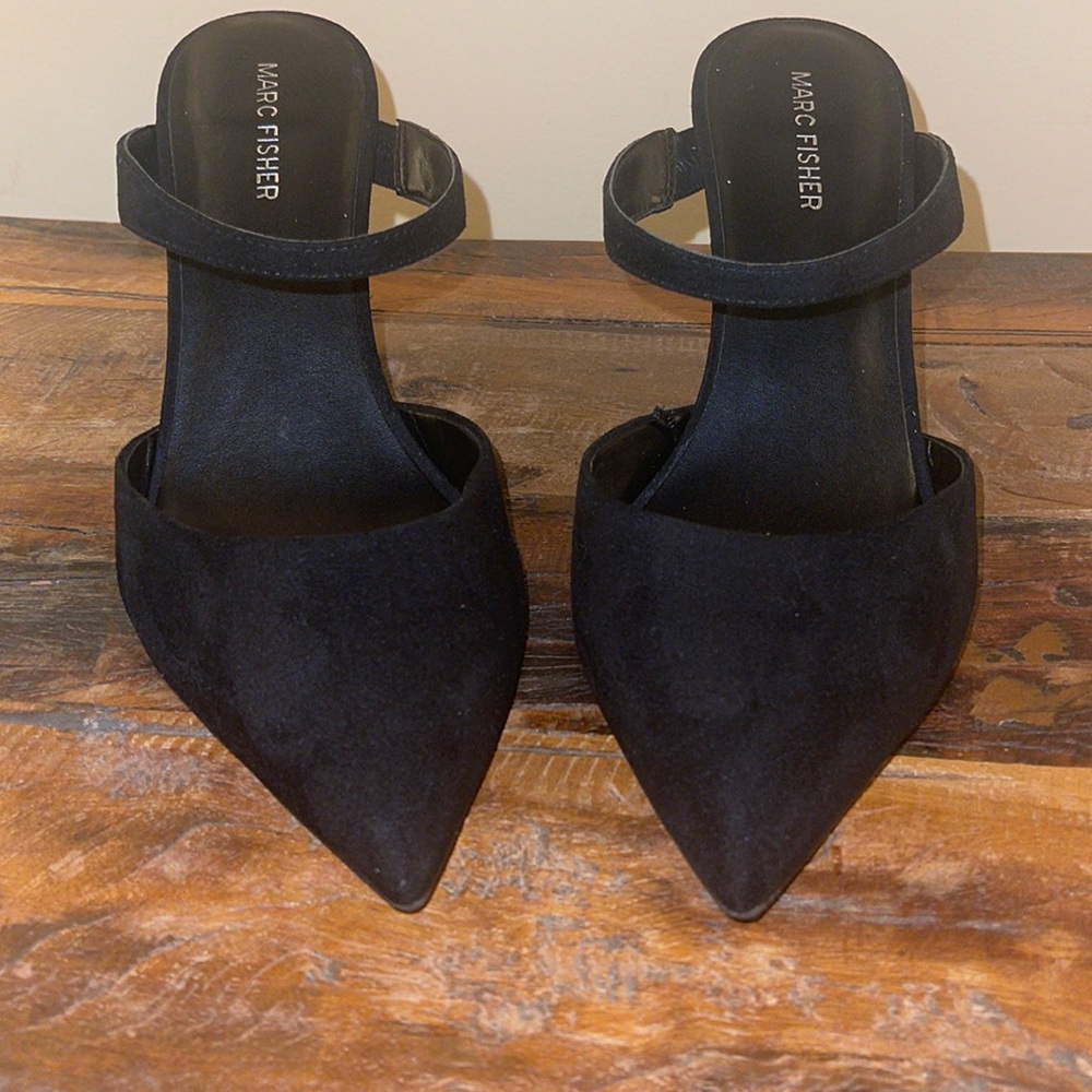 Black, Suede MARC FISHER mules with Patent leather heels, size 8 1/2.